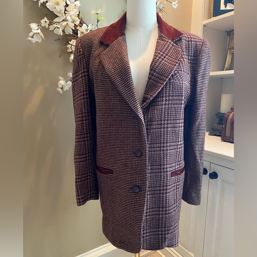 Vintage Burgundy Contrasting Plaid Wool Blend Blazer with Suede Accents
